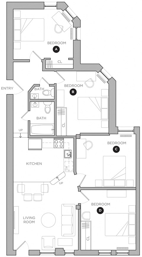 Floor plan for 4 beds, 1 bath, 385 sqft